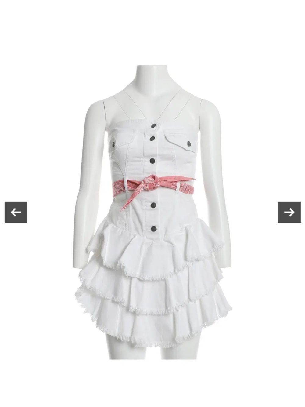 Zimmermann White Denim Tiered Ruffle Dress with Pink Bandana Waist Tie Sz 3
